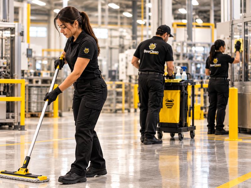 Personal de limpieza trabajando en el piso y los equipos de una planta industrial