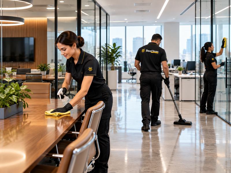 Personal de limpieza trabajando en la mesa de juntas, el piso y los cristales de una oficina