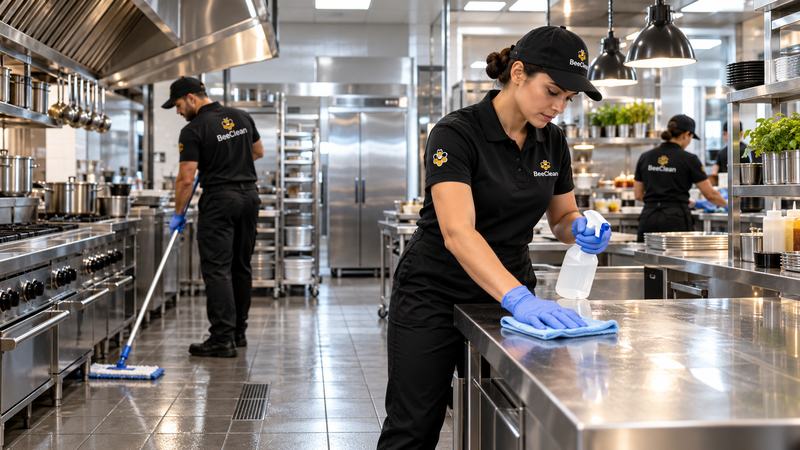 Personal de limpieza trabajando en las superficies de acero y el piso de una cocina comercial